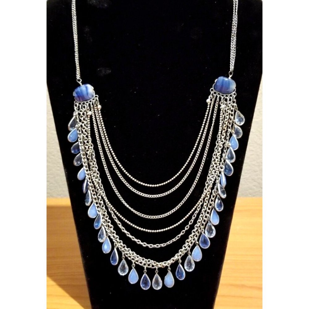 **Vintage Unique Artisan Blue Banded Agate and Glass Layered Necklace**